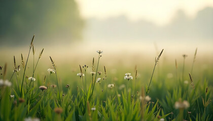 Obraz premium Sunny meadow background with tall wild grass, wildflowers, and a gentle breeze effect under a blue sky