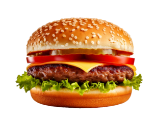 Hamburger, food, meal, burger, fast-food, snack — separated layers on white background: bun, lettuce, tomato, cheese, patty, onion, pickle. Perfect for design, presentations, infographics, recipe visu