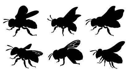 Set of bee silhouettes black