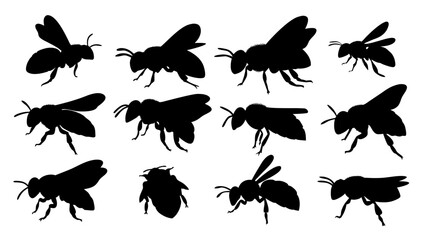 Set of bee silhouettes black