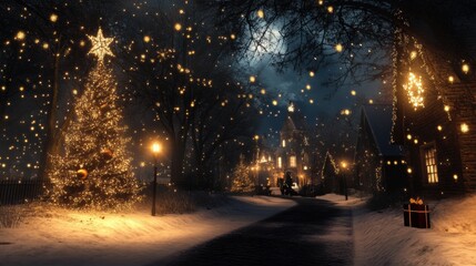 Festive winter night scene with illuminated Christmas trees and a gift box