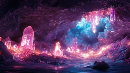 Cave filled with glowing crystals