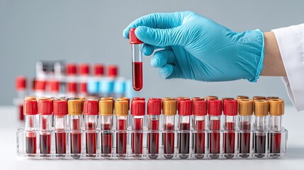 Laboratory technician hand in glove holding test tube with blood sample above rack filled with vials