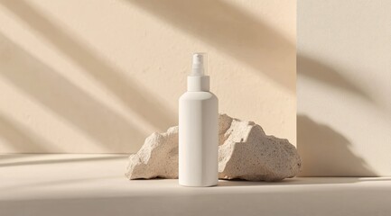 A minimalist image of a white spray bottle, subtly textured, sits between two light beige stones.  Soft, warm light casts shadows against a neutral backdrop