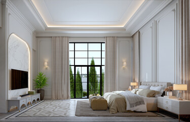 Bedroom interior in modern classic style with wall molding. 3d rendering
