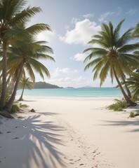 Fototapeta premium Soft white sand, palm trees framing distant island, palm trees, bright, exotic