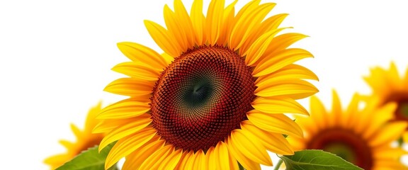 Vibrant yellow sunflower, Helianthus annuus, isolated on white, photography, ray floret