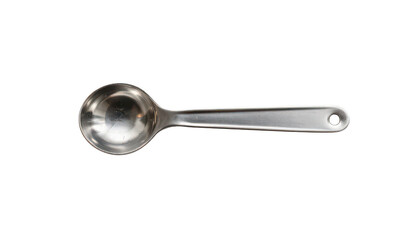 the scene features a metal kitchen utensil laid horizontally against a stark black backdrop. this utensil has a rounded scoop at one end and a long, straight handle extending from it