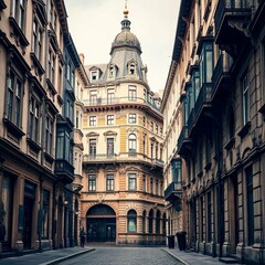 Obraz premium High-resolution stock photo A vintage city street, featuring older buildings with ornate details and cobblestone streets.