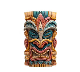 Vibrant tiki mask carving for tropical decor and parties on a transparent background, cut out