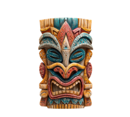 Vibrant tiki mask carving for tropical decor and parties on a transparent background, cut out