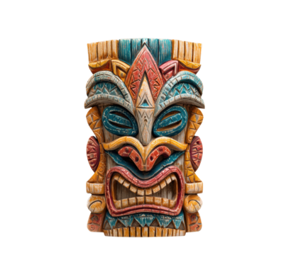 Vibrant tiki mask carving for tropical decor and parties on a transparent background, cut out