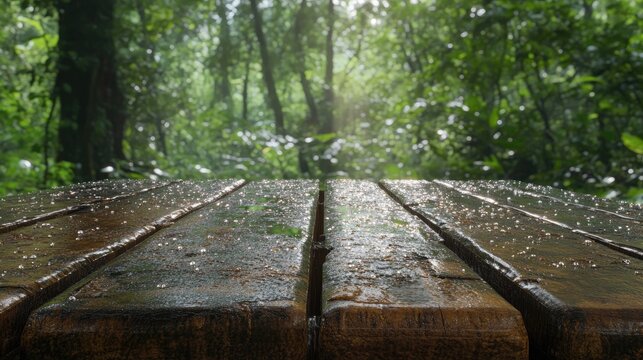 Wet wooden picnic table in a lush forest after rain. - Powered by Adobe