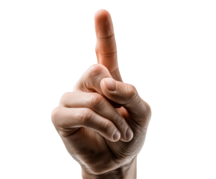 Gesture of importance with raised index finger for communication on a transparent background, cut out