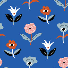 Unreal floral seamless pattern design. Hand-drawn vector flowers. Stylish decorative psychedelic floral repeat background. 