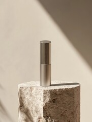 A sleek, silver cosmetic tube rests atop a light beige, irregularly-shaped stone pedestal.  Soft, warm light casts shadows, creating a minimalist aesthetic