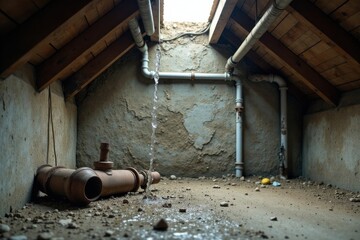 Leaking Pipes in a Dusty Attic Space with Rusted Plumbing and Water Damage