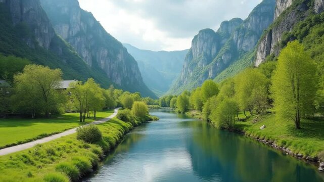 A serene river gracefully flows through a lush landscape adorned with vibrant greenery and rugged rocky outcrops, beautifully captured in the idyllic beauty of springtime beneath a gentle, cloudy sky