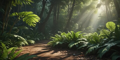 Naklejka premium Sun-dappled forest floor, thick tropical leaves , dark green, humid, greenery