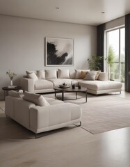 Modern minimalist living room, sleek furniture and neutral tones, table, aesthetic, view