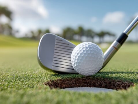 Golf ball hovering over hole, iron club on green, golf course background, ready to putt.