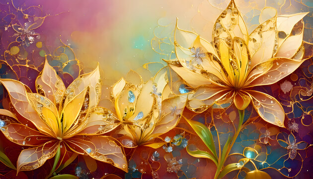 A vibrant illustration of golden flowers against a colorful background.
