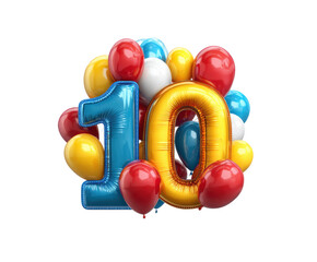 A vibrant arrangement of colorful balloons surrounds large number ten on a transparent background, cut out