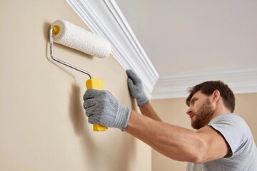 Man painting wall with roller, near ceiling molding, beige background.