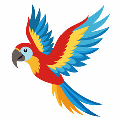 Obraz premium Cute cartoon flying colorful macaw parrot isolated on white background. Suitable for educational poster, logo, children's books and encyclopedias. Children's picture. Vector illustration.Side view 