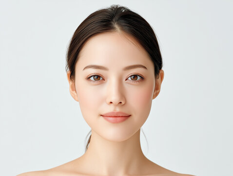肌が美しい若い日本人女性のナチュラルビューティー写真（透明感・白背景）