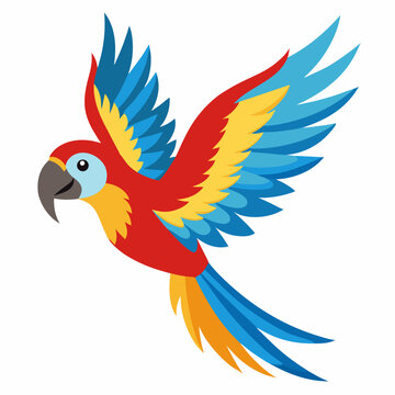 Cute cartoon flying colorful macaw parrot isolated on white background. Suitable for educational poster, logo, children's books and encyclopedias. Children's picture. Vector illustration.Side view	