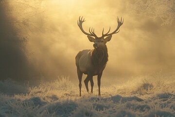 Fototapeta premium A majestic red deer with impressive antlers stands majestically in the frost-covered meadows of British nature at sunrise, bathed in golden sunlight. The scene is framed by trees and fog, adding