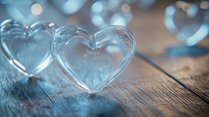 Fototapeta premium Clear heart-shaped objects on a wooden surface.