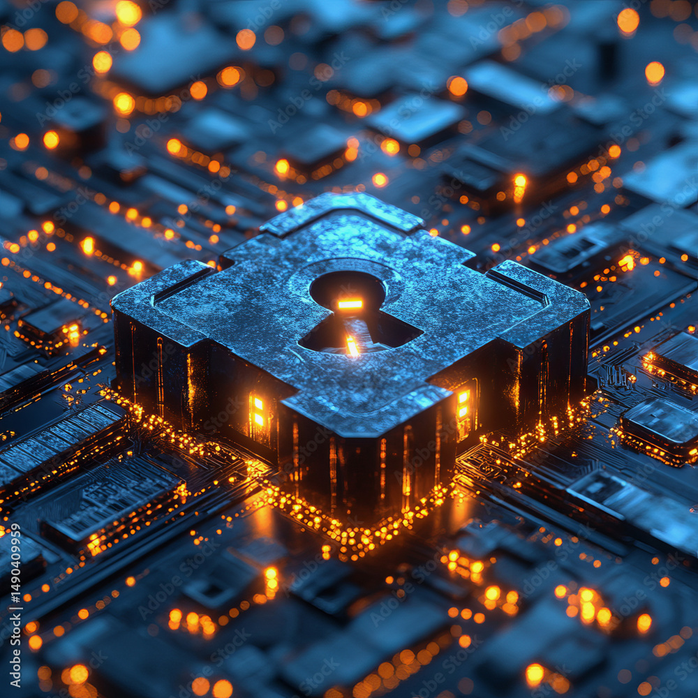 Poster glowing digital lock symbol circuit board representing secure data protection and cybersecurity
