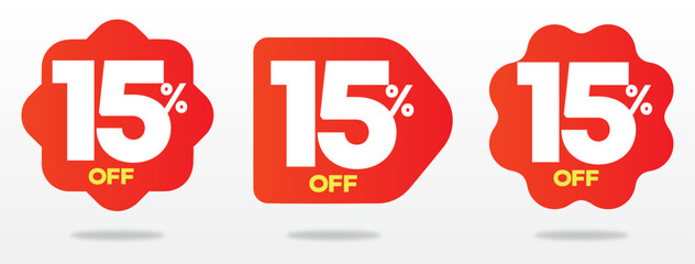 Value, price, offer, 15% off. shape, tag, sticker, marketing, positive. Retail, red, discount, sale, web, e-commerce. Label, icon, set, store