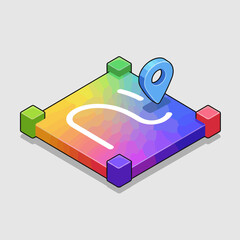 Colorful isometric map with location marker and abstract design  