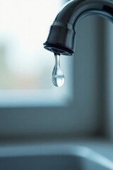 A Single Drop of Water Falling from a Metal Faucet, Representing the Preciousness of Clean Water Resources
