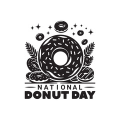National Donut Day Silhouette Vector Illustration, Solid White Background.