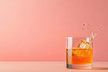 Beverage refreshment with splashing ice in glass on pink background