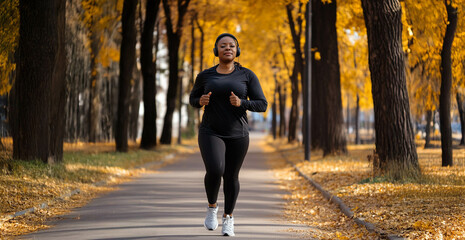 Fototapeta premium Tired African woman running outdoors in a city park on a crisp autumn morning with headphones on. Generated image