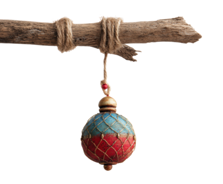 Decorative fishing float hanging from driftwood for coastal decor on a transparent background, cut out
