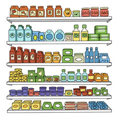 Colorful pantry shelves filled with various jars and containers  