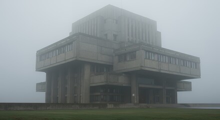 Brutalist Architecture in Dense Fog Mysterious and Unsettling Atmosphere