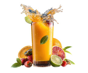 Citrus and berry juice splash for a summer refresh on a transparent background, cut out