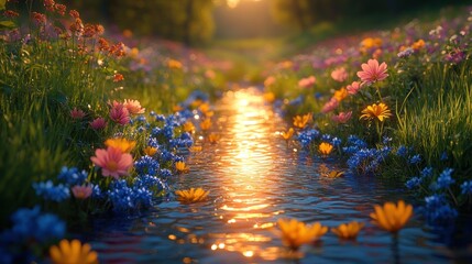 Sunlit flower-lined stream