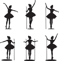 Ballerina Silhouette Set: Elegant Ballet Dancer Poses with Barre, Vector Illustration for Dance Studio, Art Print, and Creative Design Projects