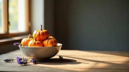 Autumnal Still Life Miniature Pumpkins in a Bowl with Lavender on a Sunlit Wooden Table