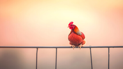 Rooster sunrise fence farm.
