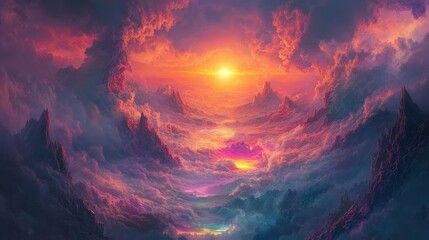 Dramatic cloudscape featuring mountain silhouettes under a vibrant sunset sky with pink, orange, and blue hues, creating a fantasy landscape. Dreamy, ethereal and colorful nature scene.