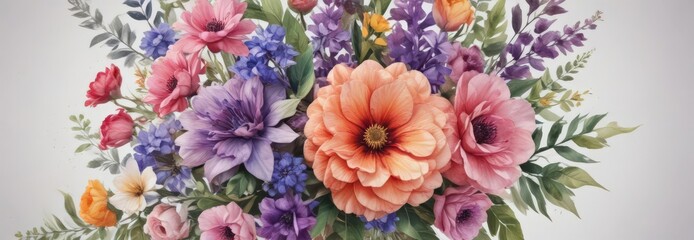 Vibrant watercolor floral bouquet, lush petals ,  spring,  bloom,  romantic
